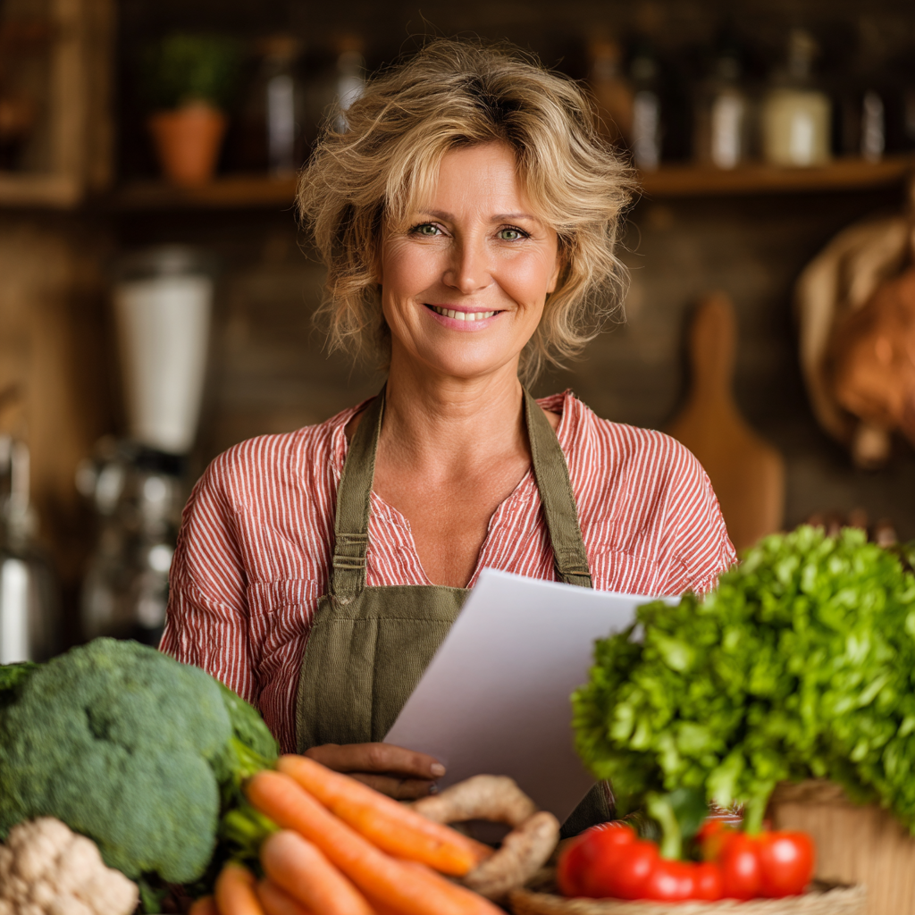 Smiling middle-aged Ukrainian woman preparing healthy meal ingredients in modern kitchen, looking confident and energetic