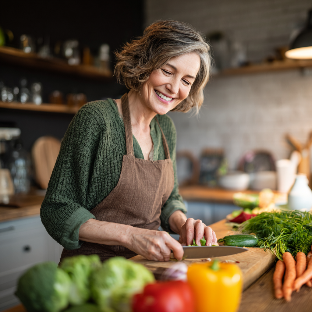 Organized modern kitchen with healthy meal prep containers, fresh vegetables and fruits, showing efficient food storage system