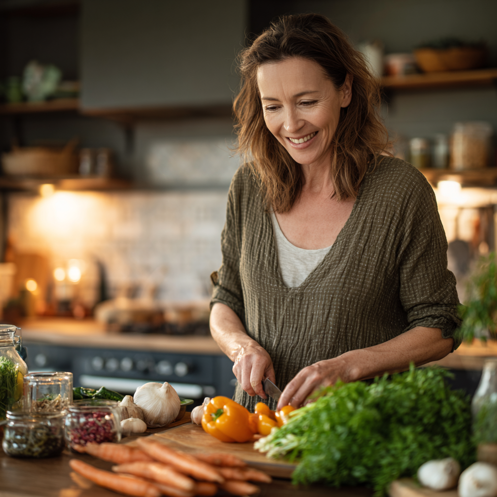 Happy elderly Ukrainian couple preparing nutritious meal together in bright kitchen, showing healthy digestive wellness lifestyle